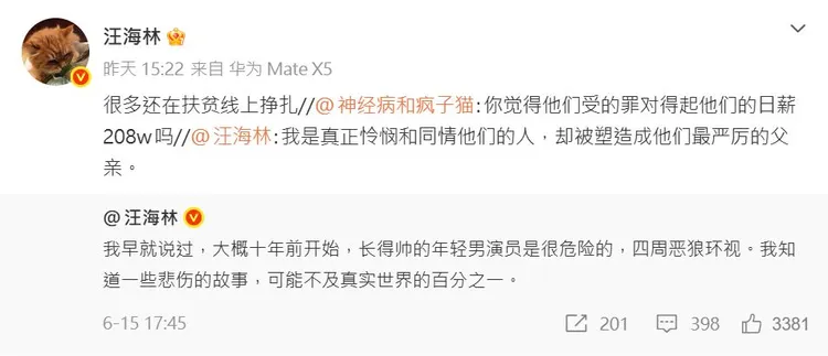 中國編劇汪海林談論年輕男演員的危機。翻攝汪海林微博