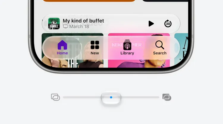 iOS27導入全新「Liquid Glass」設計語言，以半透明玻璃質感重新打造選單、控制項與系統介面，讓內容層次更立體。Apple WWDC畫面