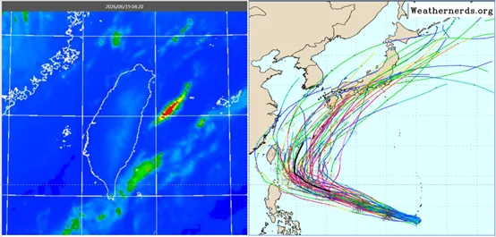 最新模擬路徑（右）顯示，熱帶系統未來將於台灣東方、經琉球附近海面向東北大迴轉。左中央氣象署、右擷取自weathernerds