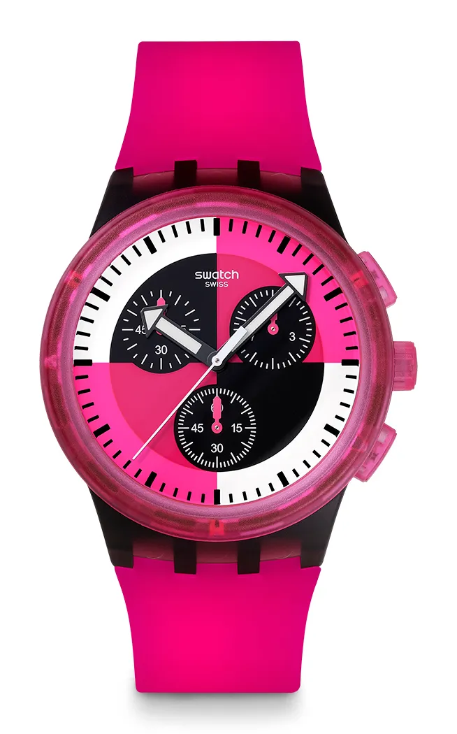 SWATCH SMASH IT系列FUCHSIA LINES腕錶，4100元。品牌提供