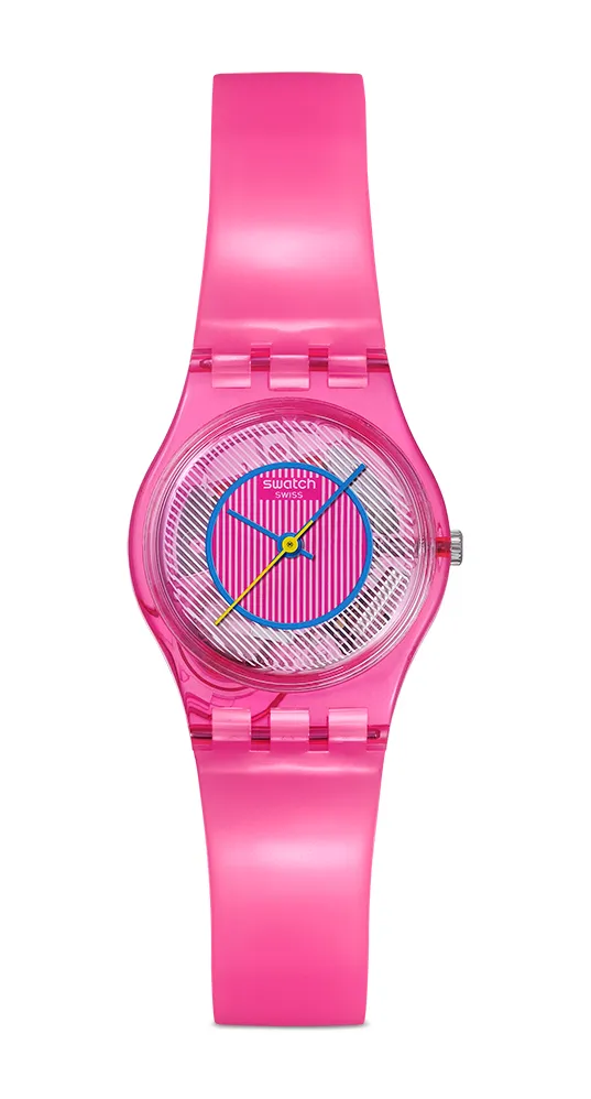 SWATCH SMASH IT系列PRISMATICALLY PINK腕錶，2250元。品牌提供