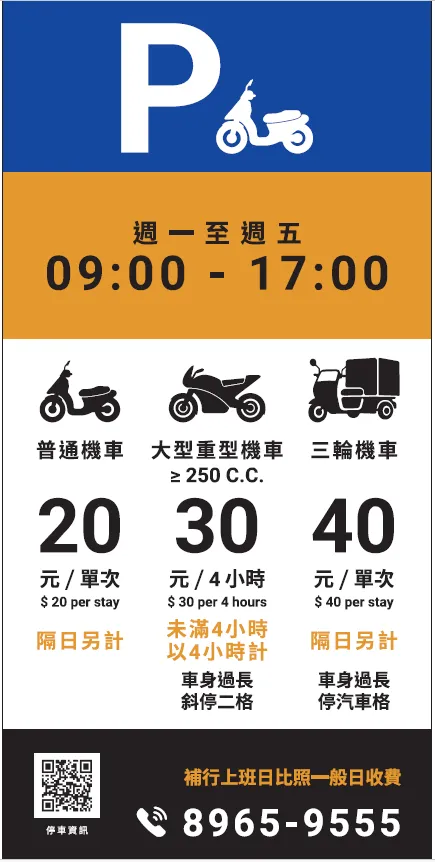 新北7月起三輪機車可停路邊汽車格與大重機專用格的告示牌。交通局提供