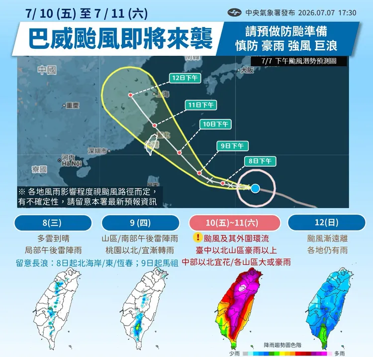 颱風「巴威」天氣提醒。中央氣象署