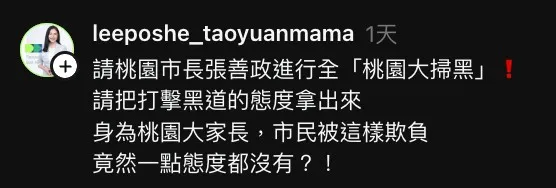 李柏瑟發文力挺「章魚燒媽媽」，並呼籲桃園市長張善政應展現態度、積極掃黑，沒想到卻意外翻車。翻攝自網路