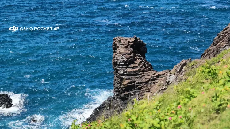 Osmo Pocket 4P實拍澎湖海岸，海浪、岩壁紋理與前景植被均清楚呈現。趙筱文攝