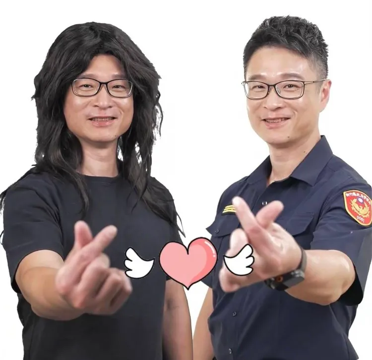 新竹縣警局長林建隆男扮女裝拍反詐片。新竹縣警局提供