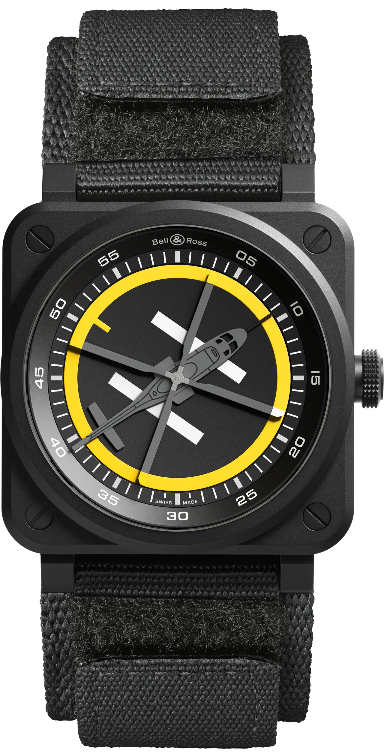 Bell & Ross BR-03 Helipad，41mm，微噴砂黑色陶瓷錶殼，鮮黃色橡膠錶帶 / 黑色強韌合成布料錶帶，BR-CAL.327三針自動上鏈機芯，動力儲存54小時，防水深度100米，限量500只，15萬3000元。品牌提供