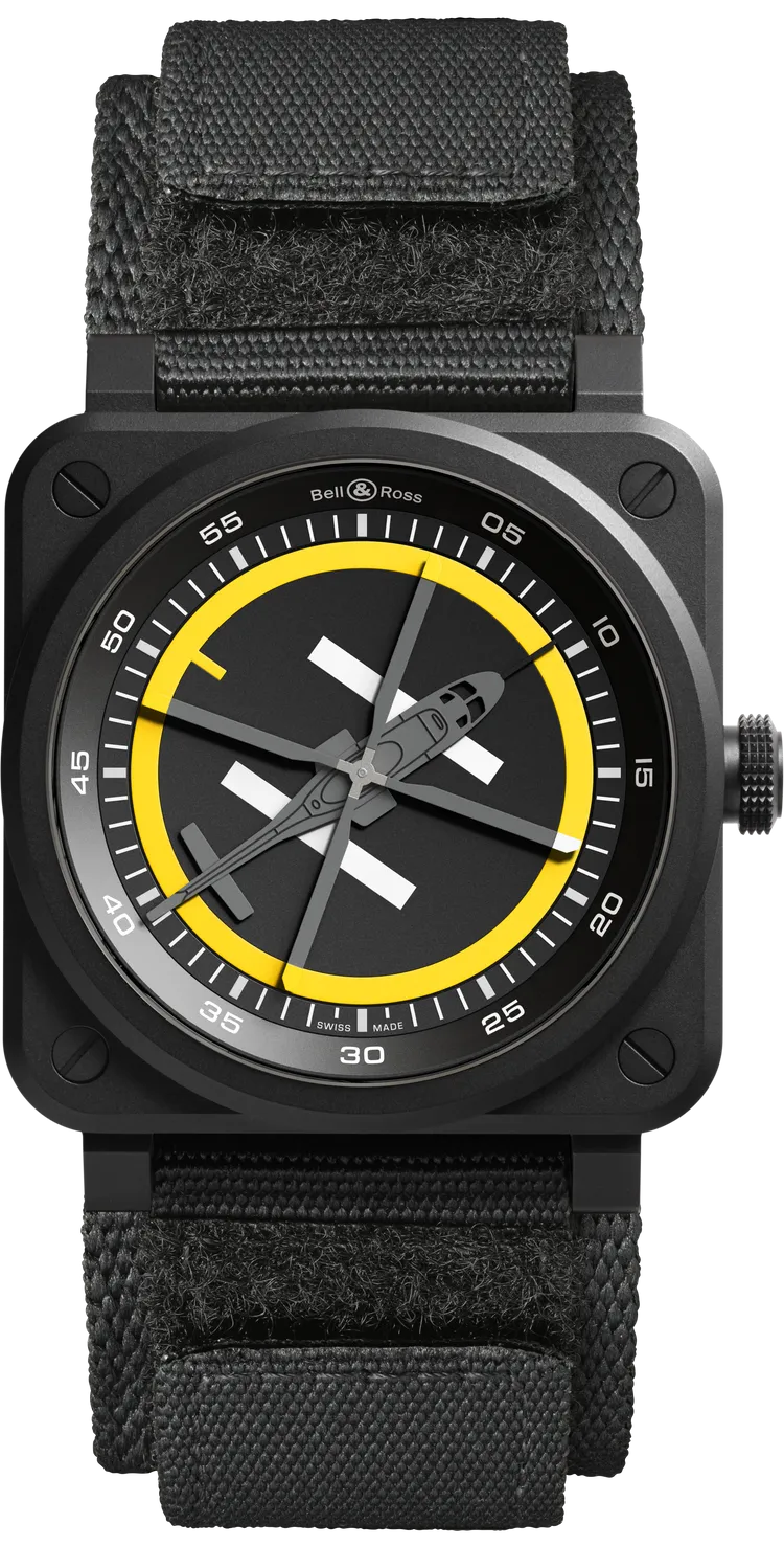 Bell & Ross BR-03 Helipad，41mm，微噴砂黑色陶瓷錶殼，鮮黃色橡膠錶帶 / 黑色強韌合成布料錶帶，BR-CAL.327三針自動上鏈機芯，動力儲存54小時，防水深度100米，限量500只，15萬3000元。品牌提供