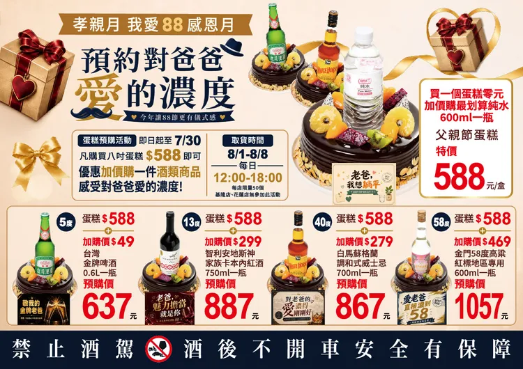 愛買推「5大台灣系老爸」父親節蛋糕588元起。業者提供
