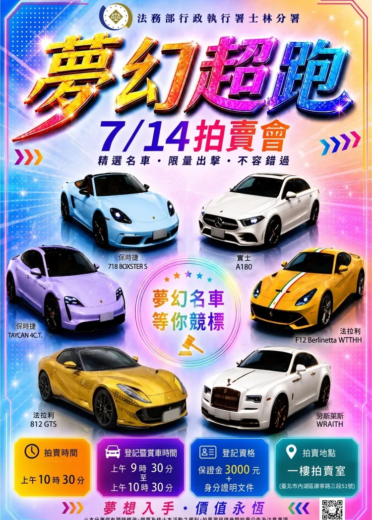 7/14夢幻超跑拍賣會海報。士林分署提供