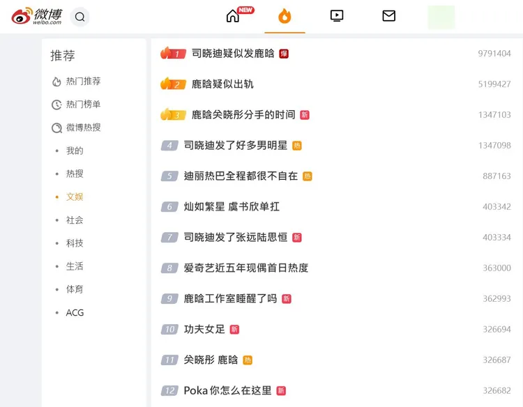 微博熱搜好幾個是司曉迪、鹿晗相關話題。翻攝新浪微博