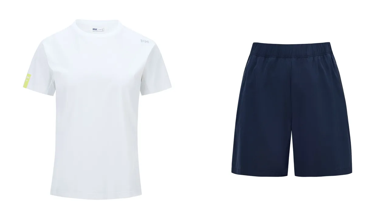Helly Hansen Sailing系列Wateractive抗UV涼感短袖T-Shirt（左）3580元、Wateractive抗撕裂防曬彈性短褲（左）3980元。品牌提供
