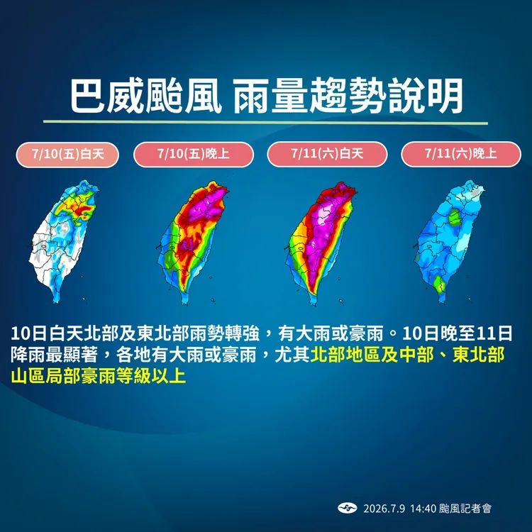 巴威颱風雨量趨勢。氣象署提供
