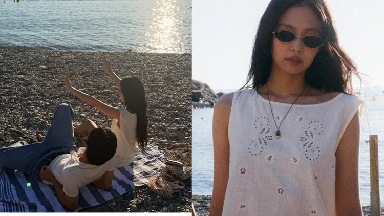 Jennie以Skall Studio刺繡洋裝搭配雷朋墨鏡。翻攝Jennie IG