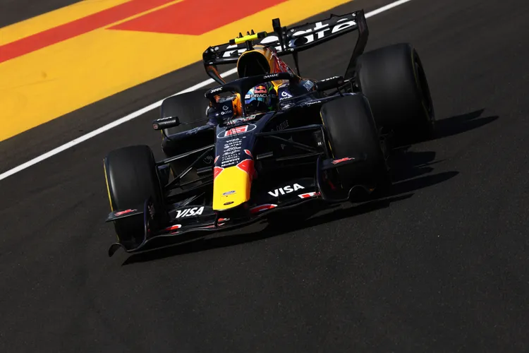 Max Verstappen駕駛Oracle Red Bull Racing RB22賽車，奔馳於匈牙利賽道。Red Bull提供