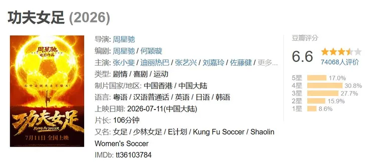 《功夫女足》上映後，豆瓣開分6.6。翻攝豆瓣