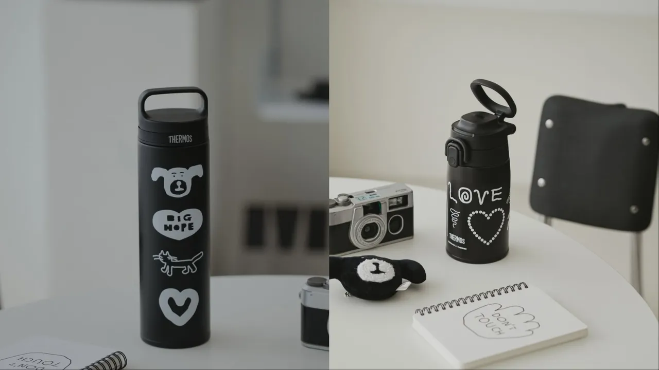THERMOS x INAPSQUARE黑白童趣塗鴉提把真空保溫杯600ml（左）／1299元、彈扣真空保溫瓶400ml（右）／1299元。品牌提供