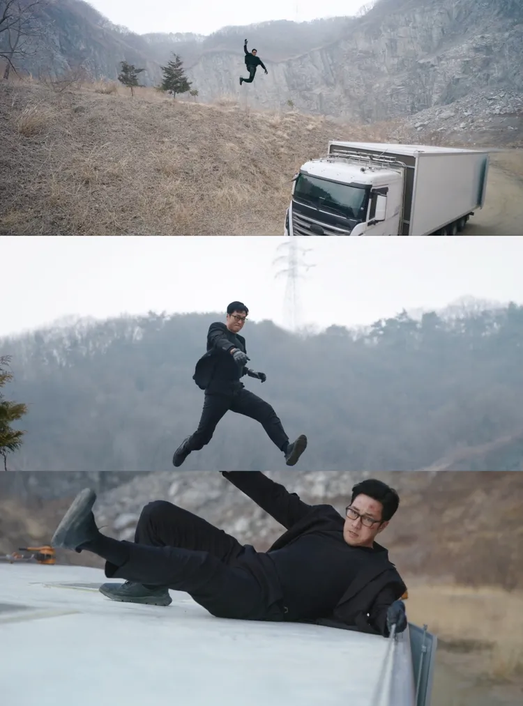 蘇志燮在第7集從山丘飛身而下，跳到大卡車車頂救女。翻攝Netflix