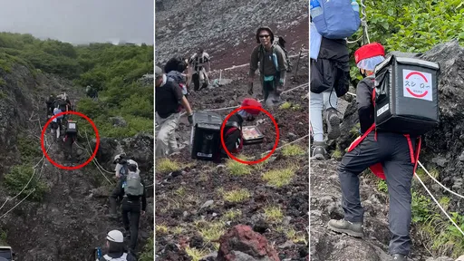 登富士山驚見「壽司郎外送員」　捧壽司攻頂！網：到底是誰點的