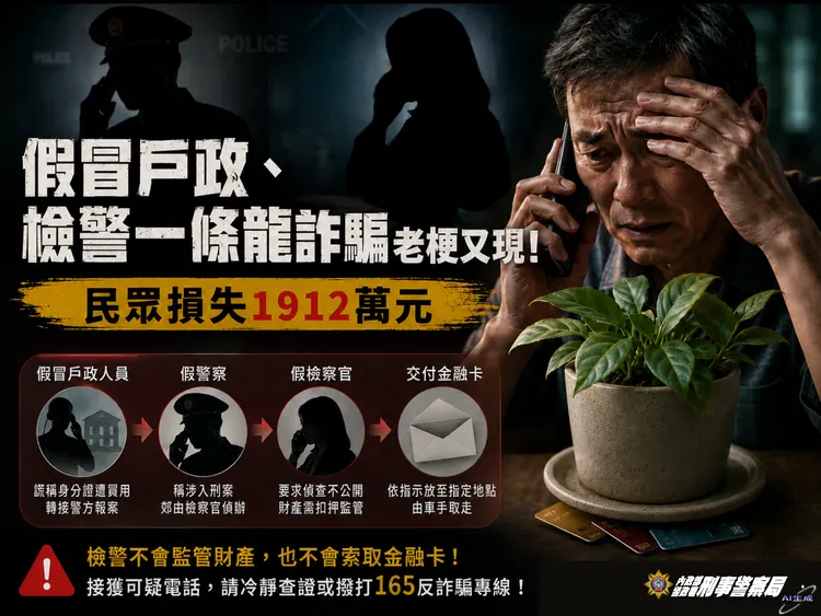 假冒戶政、檢警一條龍詐騙老梗再現，警方再三呼籲。警方提供