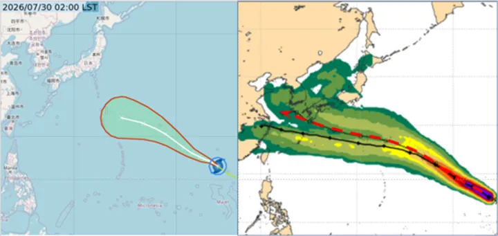 中央氣象署、ECMWF AIFS(右)預測白海豚颱風最新移動路徑。氣象應用推廣基金會
