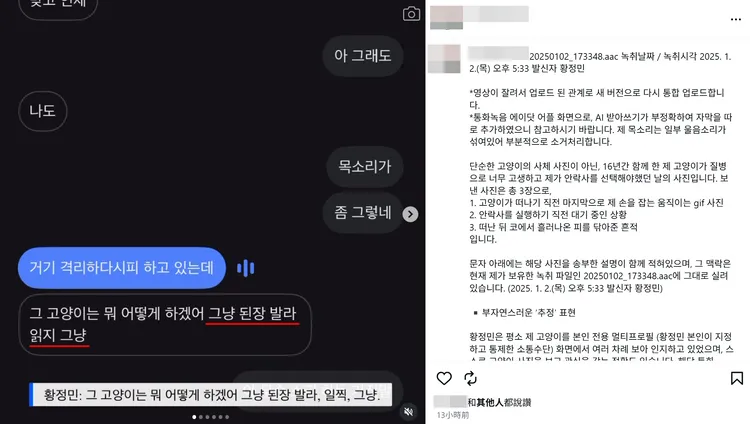 A女公開黃晸珉通話音檔，面對她的愛貓將安樂死，竟傳侮辱性言詞，完全沒有同理心。翻攝A女IG