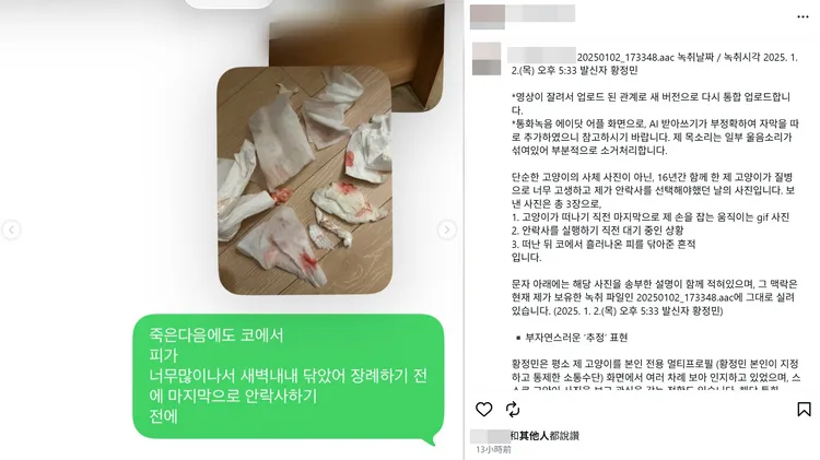 A女表示愛貓離世後鼻血直流，她以衛生紙擦拭，並非要恐嚇黃晸珉。翻攝A女IG