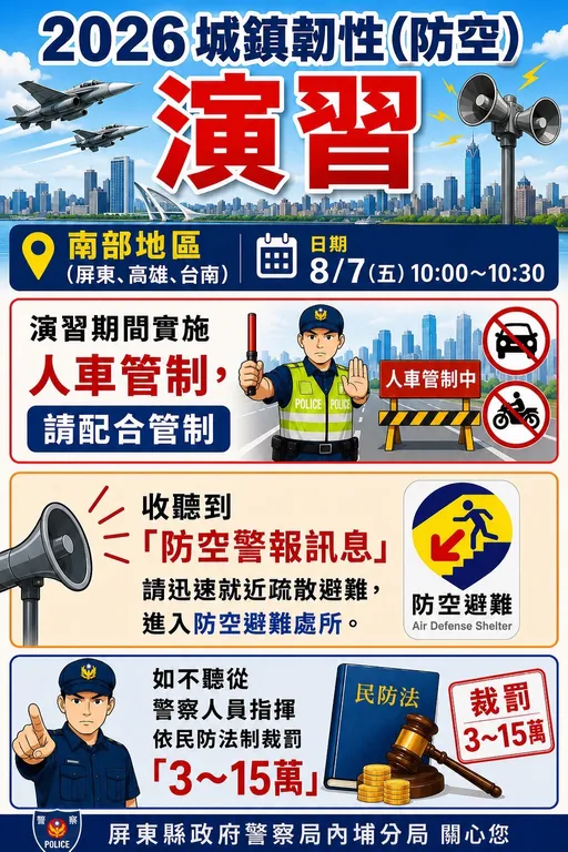 南部3縣市8/7率先登場城鎮韌性演習　警提醒「不配合會被罰錢」