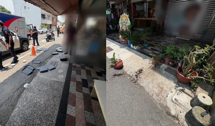 盧女出店門口後繼續發洩，連隔壁的盆栽都遭殃，警方到場將人壓制逮捕。民眾提供