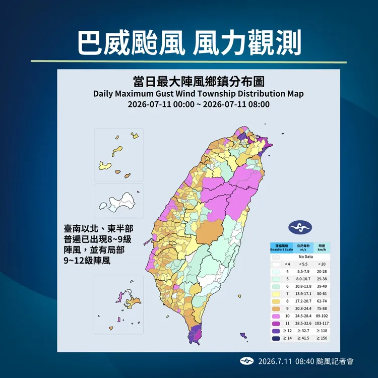 巴威颱風風力觀測。氣象署提供