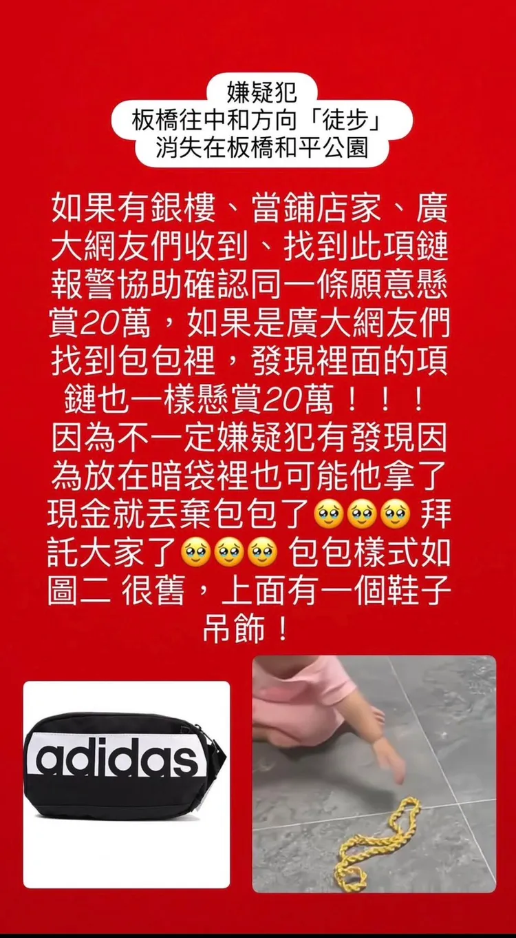 雞排店老闆指稱包包暗袋裡面有一條價值80萬元的5兩金項鍊，並懸賞20萬元，希望民眾能提供嫌疑犯與包包的線索。翻攝自Threads
