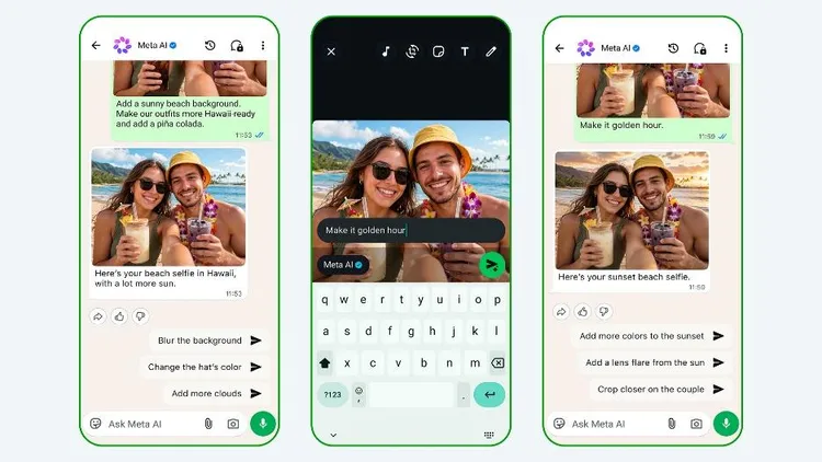 使用者可在WhatsApp與Meta AI對話中，上傳照片並以自然語言輸入指令，例如更換背景、調整光線或移除路人，AI會直接生成修改後的圖片，後續還可持續微調細節。Meta提供