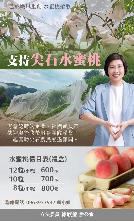 巴威颱風重創水蜜桃產區　徐欣瑩、楊文科發起緊急認購。徐欣瑩辦公室提供