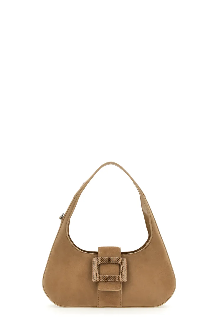 ROGER VIVIER Belle Vivier焦糖色山羊麂皮水蛇皮扣HOBO包，7萬5600元。品牌提供