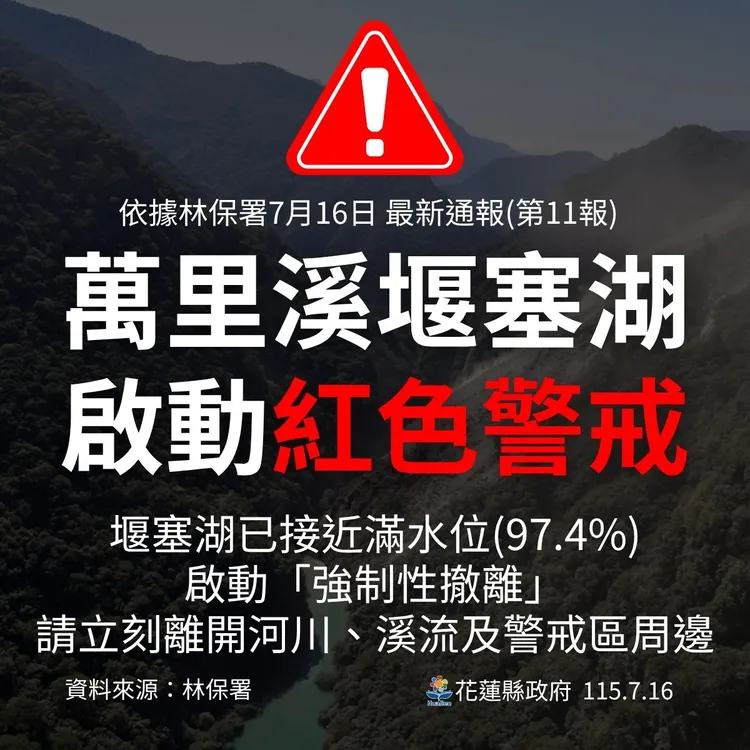 萬里溪堰塞湖今天下午15時發布紅色警戒。縣府提供