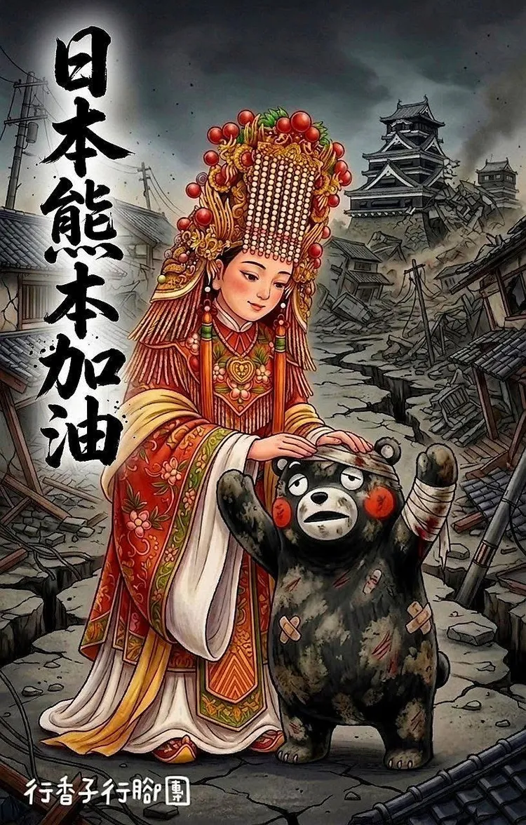 網友Wen Jing Tzeng在臉書社團「白沙屯＆山邊媽祖香燈腳粉絲團」貼了這張媽祖撫慰受傷的熊本熊圖，並發表希望媽祖慈悲護佑此次發生7.1強震的熊本縣。圖截自臉書社團白沙屯＆山邊媽祖香燈腳粉絲團／網友Wen Jing Tzeng
