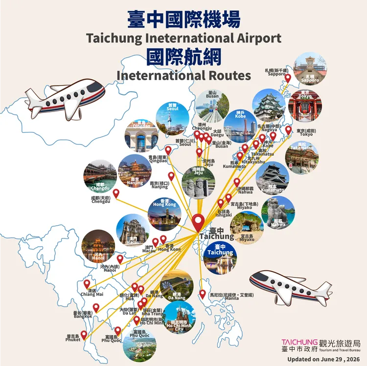台中國際機場暑期新增3條航線，華航7月21日加入「台中-沖繩」定期航線，更將自8月13日起增加班機。市府提供