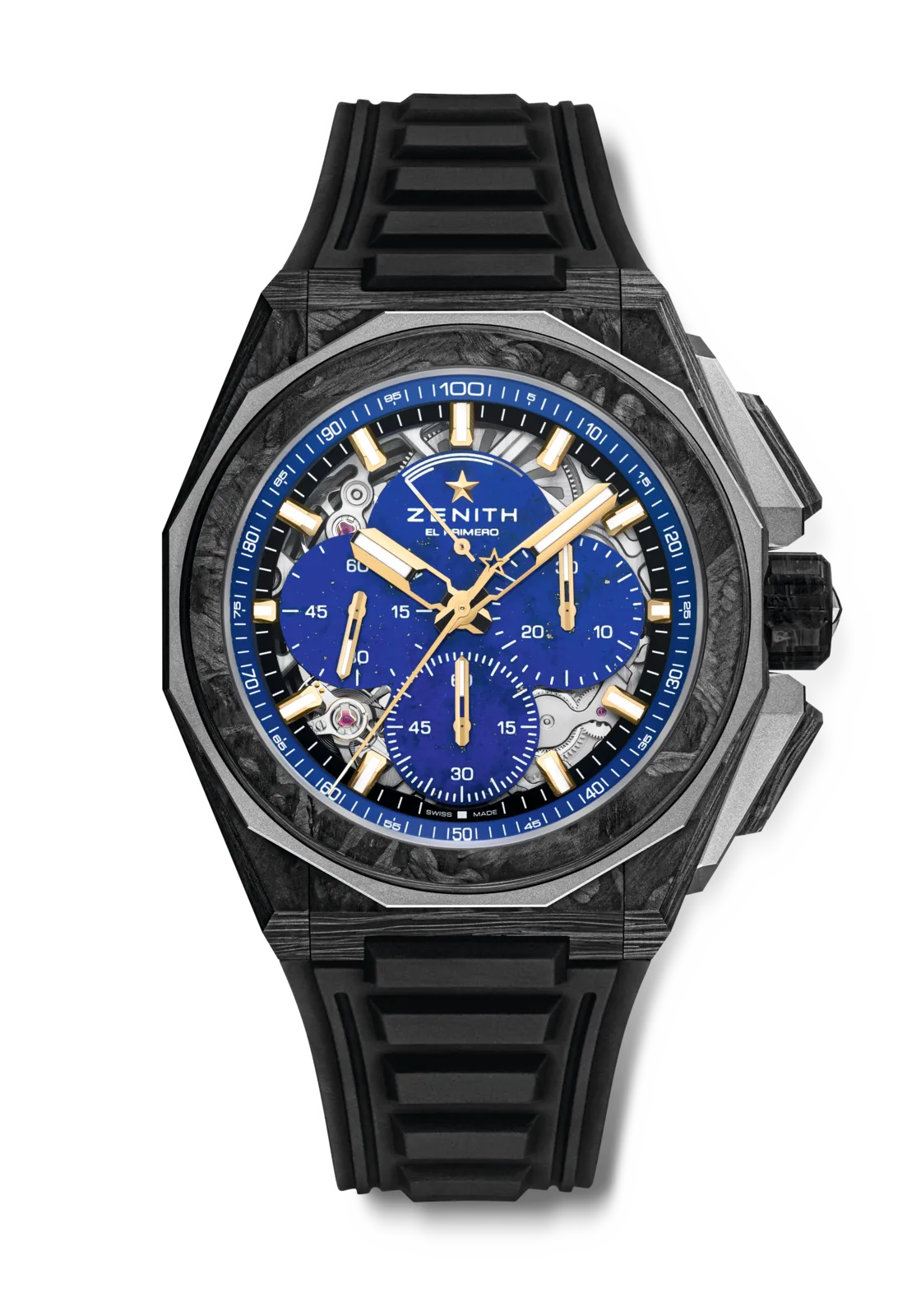ZENITH DEFY EXTREME LAPIS LAZULI II挑戰極限第二代青金石腕錶，45mm，碳纖維及鈦金屬錶殼，鏤空錶盤設有青金石計時盤，黑色橡膠錶帶（另附黑色Velcro魔鬼氈錶帶），El Primero 9004自動上鏈機芯，動力儲存50小時，防水深度200米，限量50只，119萬7200元。品牌提供