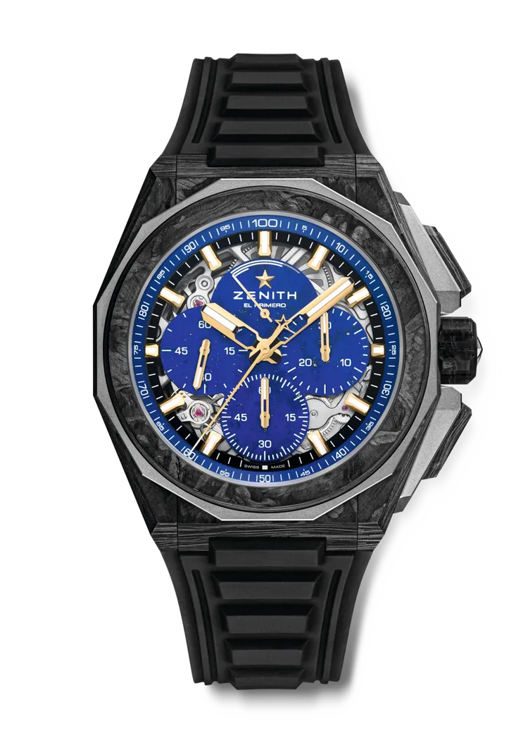 ZENITH DEFY EXTREME LAPIS LAZULI II挑戰極限第二代青金石腕錶，45mm，碳纖維及鈦金屬錶殼，鏤空錶盤設有青金石計時盤，黑色橡膠錶帶（另附黑色Velcro魔鬼氈錶帶），El Primero 9004自動上鏈機芯，動力儲存50小時，防水深度200米，限量50只，119萬7200元。品牌提供