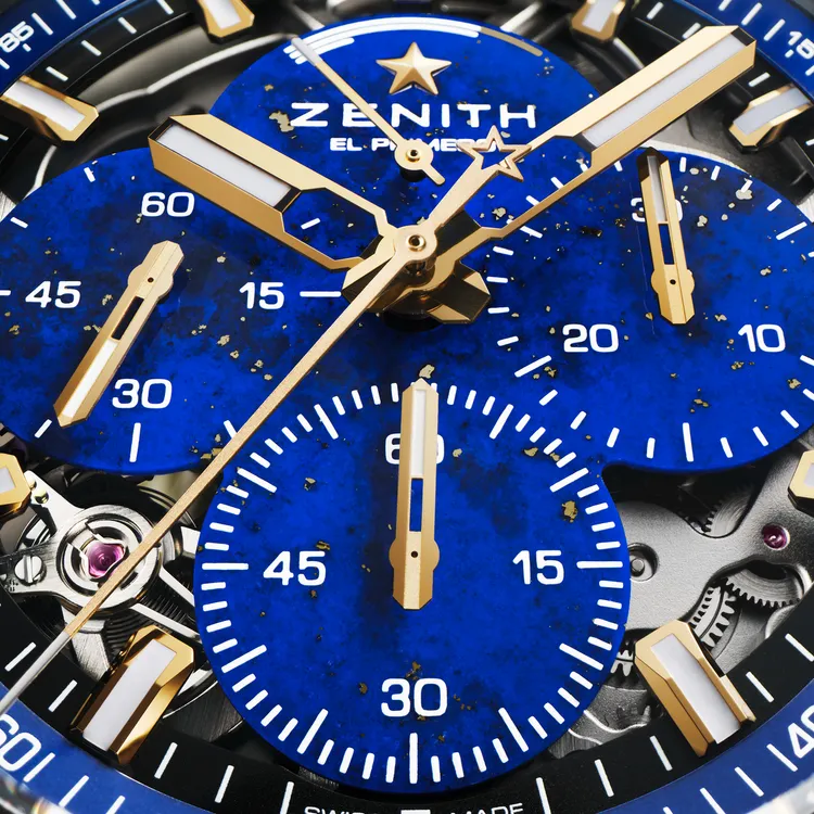 ZENITH DEFY EXTREME LAPIS LAZULI II挑戰極限第二代青金石腕錶，鏤空錶盤設有青金石計時盤。品牌提供