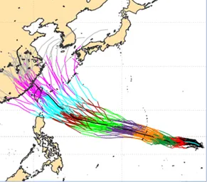 歐洲(ECMWF)系集模式模擬圖顯示，5天之後「巴威」逼近台灣東側海面，路徑不確定性將擴大。