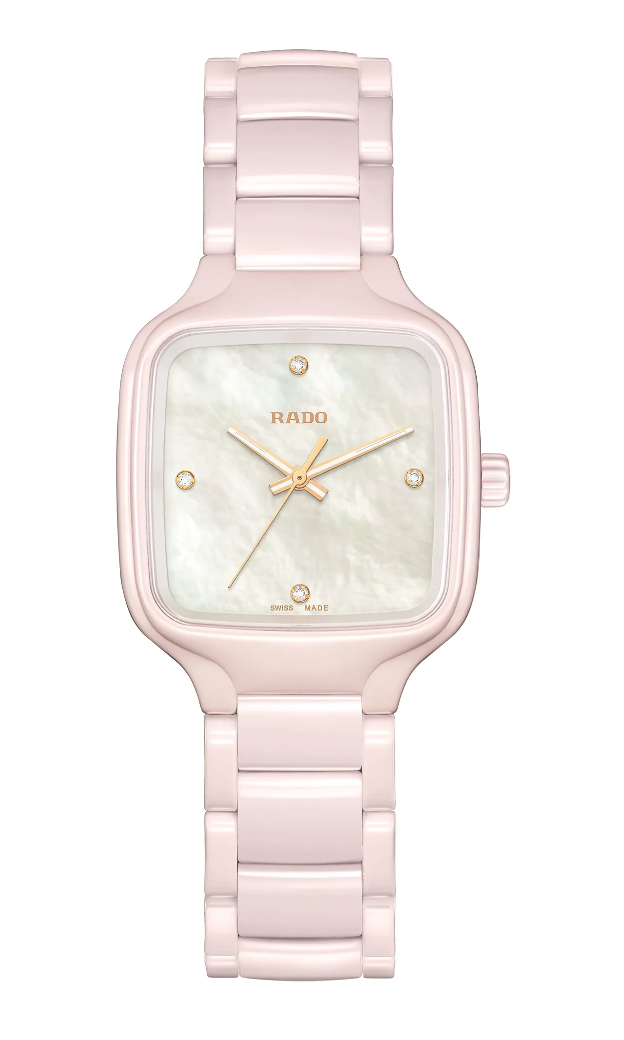 RADO True Square真我方形系列櫻花粉高科技陶瓷腕錶， 7萬500元。品牌提供