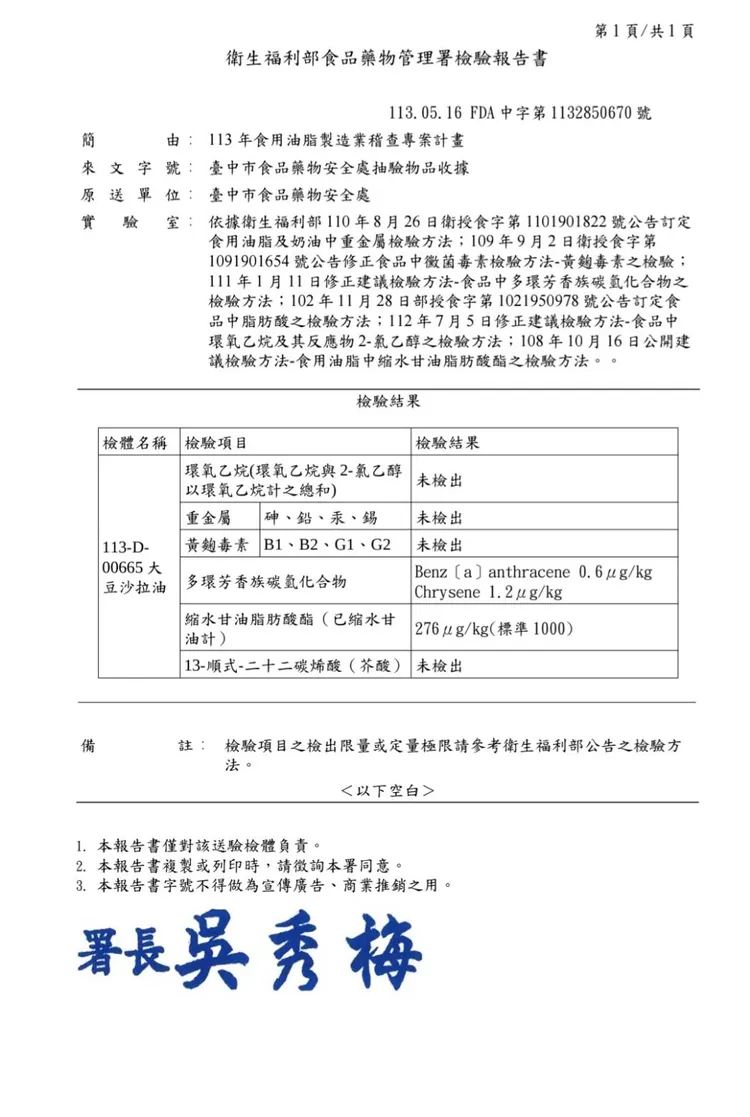 中市府出示衛福部食藥署公文，表示2024年係食藥署將中聯油品送驗，再將檢驗報告提供市府。市府提供