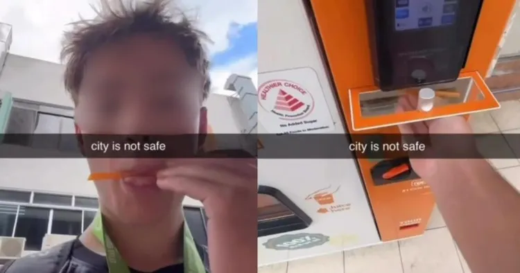 法國男大生在新加坡購物中心舔了一台柳橙汁販賣機提供的吸管後放回機台，還囂張Po網。翻攝X