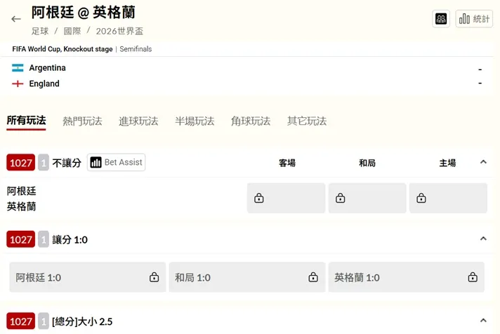 阿根廷對上英格蘭的運彩賠率。翻攝自台灣運彩網站