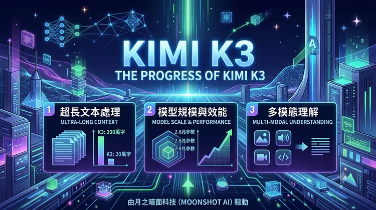 中國AI科技公司「月之暗面」（Moonshot AI）推出Kimi K3模型。Gemini AI生成，經編輯核對。