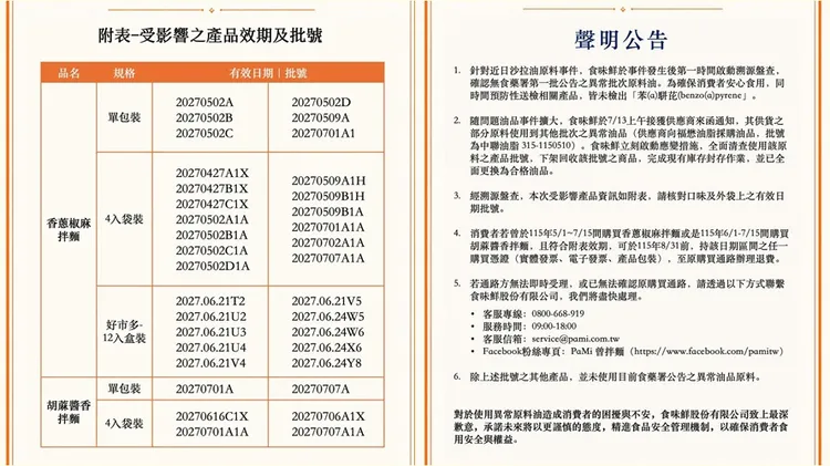 曾拌麵發聲明下架問題產品。翻攝自曾拌麵臉書
