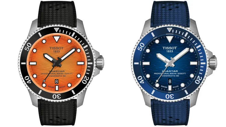 TISSOT海星系列防水600米專業版自動腕錶，各3萬1400元。品牌提供
