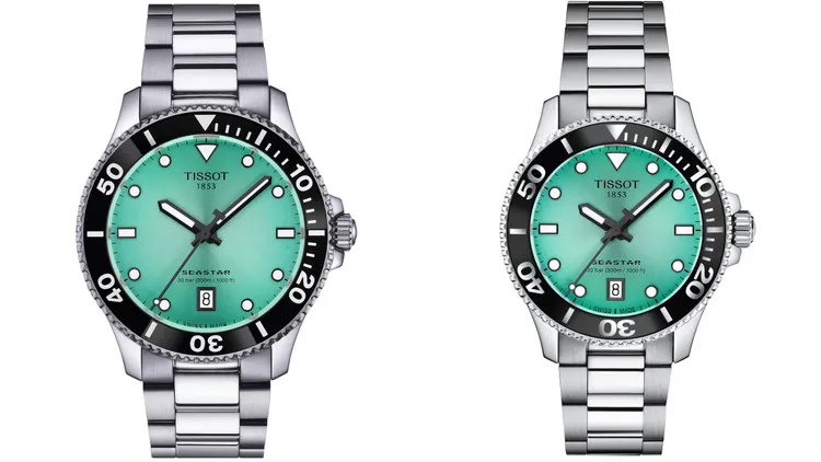 TISSOT海星系列防水300米石英腕錶40 mm（左）1萬5300元、36mm（右）1萬4100元。品牌提供