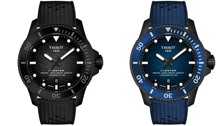 TISSOT海星系列防水600米專業版自動腕錶，各3萬2900元。品牌提供